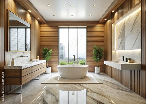 Luxurious bathroom with white marble floor and wooden wall   luxury  bathroom  white marble  floor  wooden  wall  elegant  stylish  modern  interior  design  clean  minimalistic  high-end