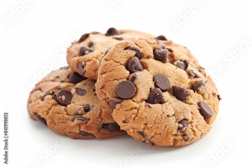 A stack of chocolate chip cookies isolated on a white background, showcasing their deliciously baked texture and inviting, mouth-watering appeal