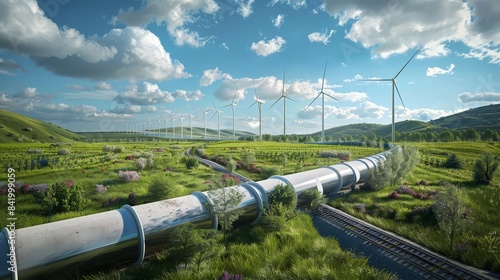 3D rendering of a hydrogen pipeline factory, wind turbines for sustainable energy, grassy field, and nearby railway