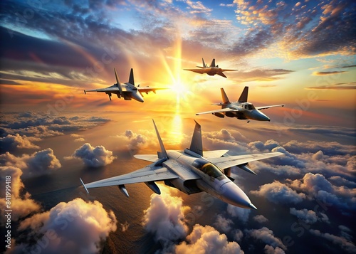 Four fighter jets flying in a diamond formation against a beautiful sunset sky, sunset, jets, aircraft, teamwork, formation, sky, aviation, military, air force, speed, flyby, precision