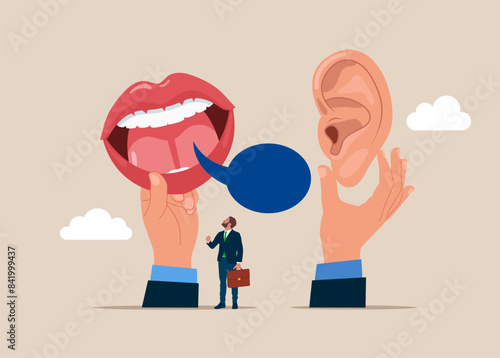 Hands with big ear and lips communicate. Productive dialogue between. Art corporate communication. Flat vector illustration