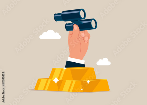  Achieve financial goal. Hand with binoculars on stack of gold bar bullion looking for outlook.Flat vector illustration