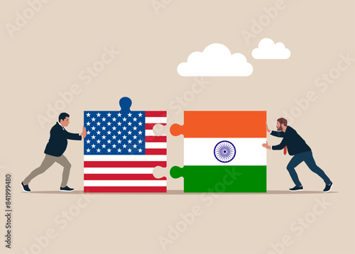 Businessmen pushing two jigsaw puzzle Indian and USA flags. Working together, cooperation, partnership. Vector illustration in flat style.