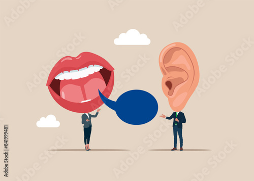 Two people big ear mouth instead head communicate. Flat vector illustration