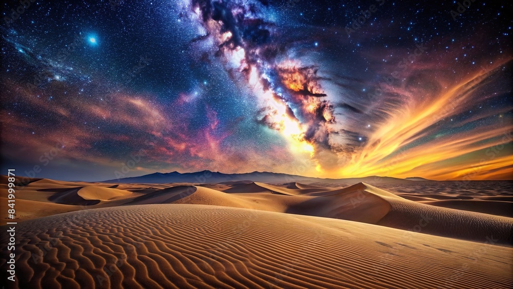 Sand dunes overlooking a surreal sunset, with a starry desert night sky ...