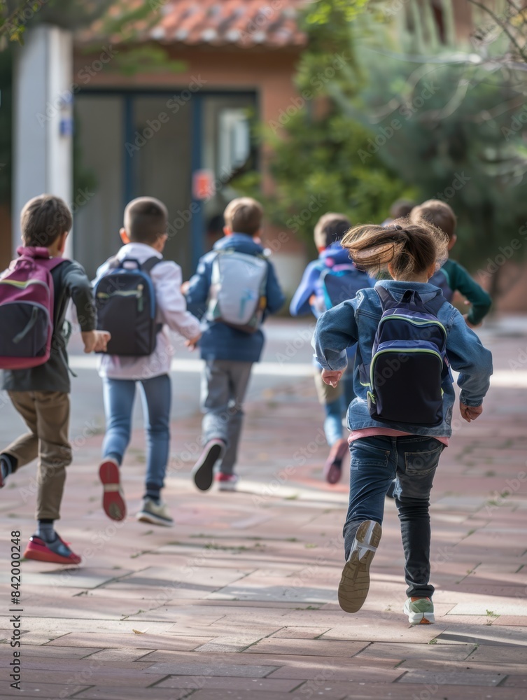 children running with backpacks on a brick walkway children running with backpacks on a brick walkway