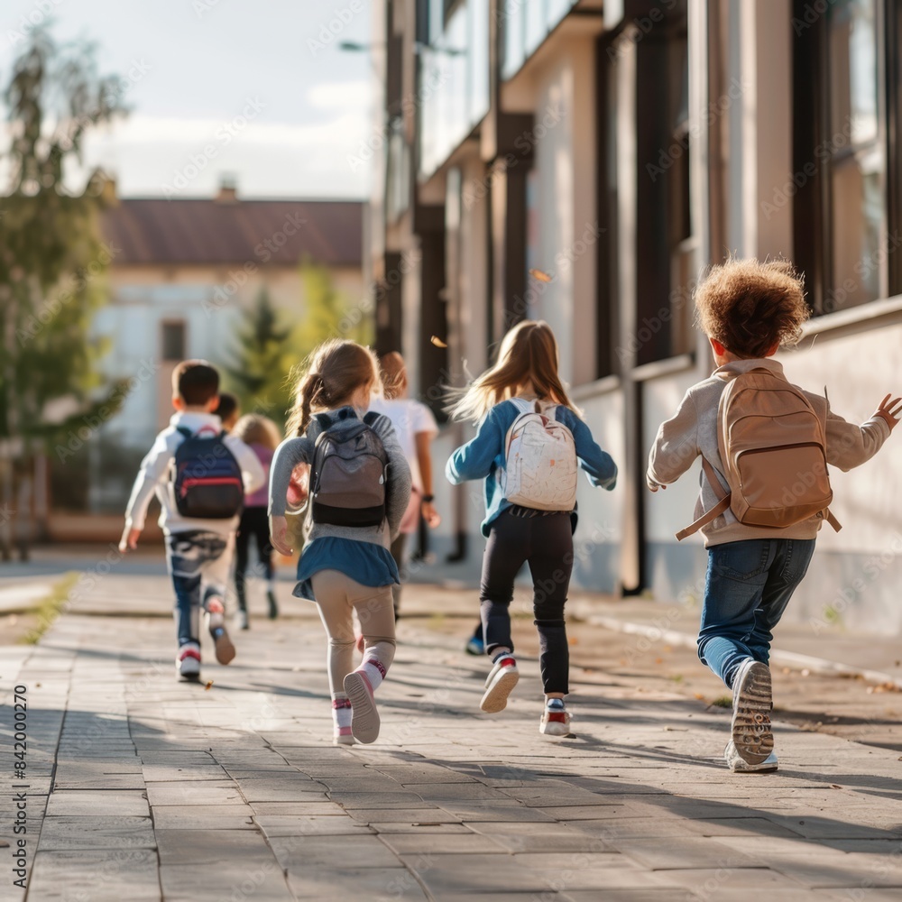 children running in the street with backpacks children running in the street with backpacks
