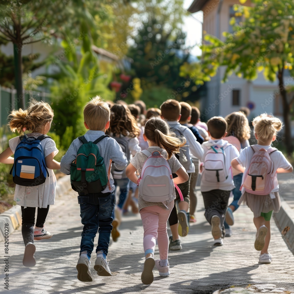 children running in a line with backpacks