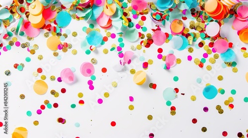Colorful confetti falling on blue background, festive birthday party decoration. Vibrant celebration atmosphere with multicolored paper pieces. Perfect for parties, celebrations, and joyful events.