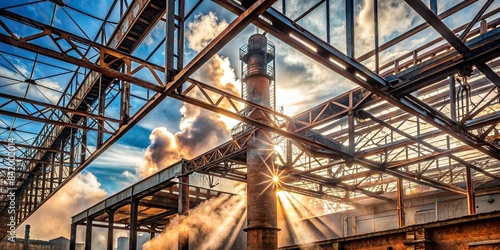 A rusting, skeletal steel structure, sunlight piercing through gaps in the roof, illuminating plumes of smoke rising from a single, smoldering chimney, abandoned factory, industrial, smoke photo