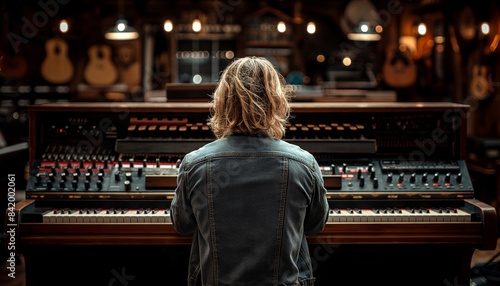 Musician with synthesizer in a guitar shop
