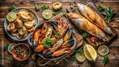 A rustic wooden table overflowing with freshly baked bread loaves and a platter of glistening, assorted seafood, including shrimp, crab legs, and mussels