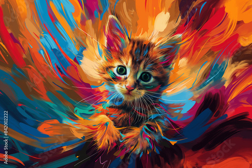 cat on the background of the sea, Immerse yourself in the mesmerizing world of feline charm with this abstract wallpaper showcasing a contrast background kitten rendered in vivid colors  © SANA