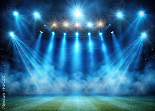 Illuminated stage with scenic lights and smoke at a stadium, blue spotlight with smoke volume light effect on black background, illuminated, stage, scenic, lights, smoke, blue,spotlight