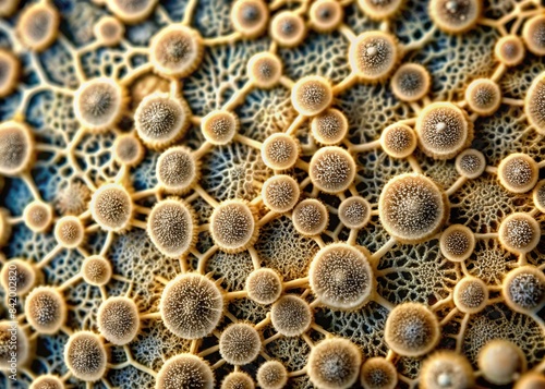 Microscopic view of intricate fungi mycelium pattern , texture, background, wallpaper, design, abstract, detailed, organic, fungus, close-up, microscopic, biology, nature, seamless, mycology