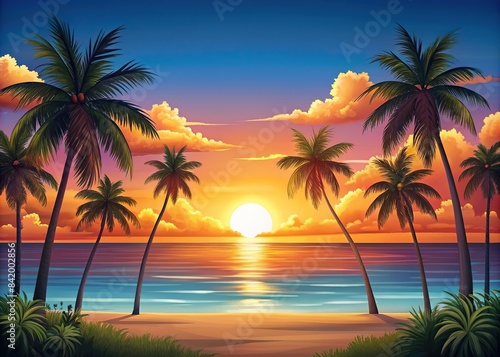 Cartoon panoramic landscape of sunset over ocean with palm trees  cartoon  landscape  panoramic  sunset  ocean  palm trees  colorful  background  tropical  beach  scenery  horizon  tranquil