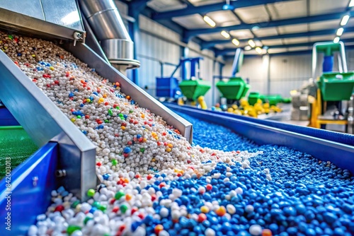 Close-up of plastic recycling process, plastic pellets production concept, recycling, plastic, pellets, production, concept, environment, industry, factory, manufacturing