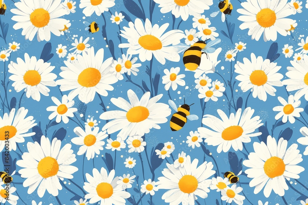 Obraz premium Sunny Garden Whimsy: Seamless Pattern of Daisies and Bumblebees