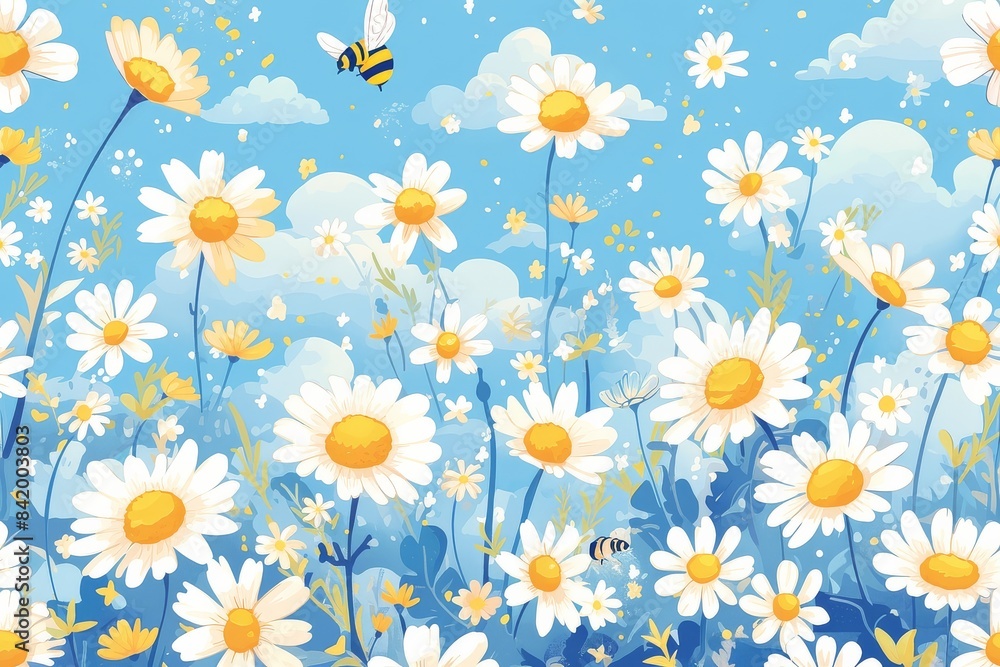 Obraz premium Sunny Garden Whimsy: Seamless Pattern of Daisies and Bumblebees