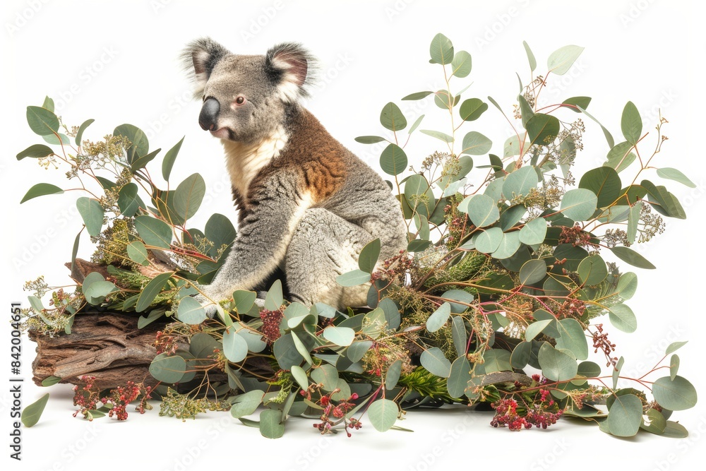 Fototapeta premium Koala sitting on a eucalyptus branch on a white background