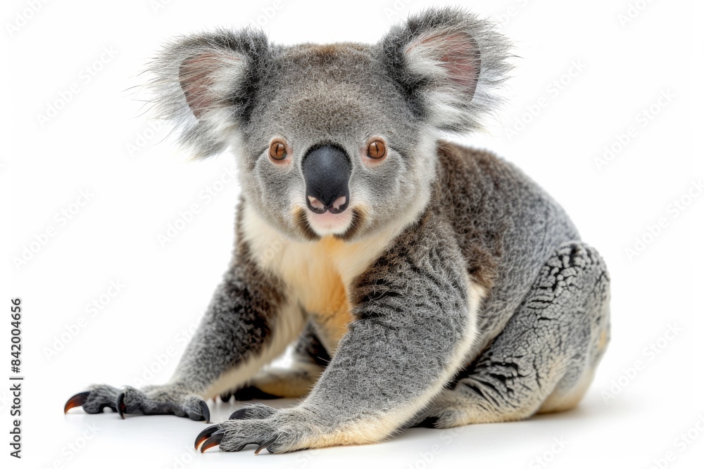 Naklejka premium Koala sitting on a eucalyptus branch on a white background