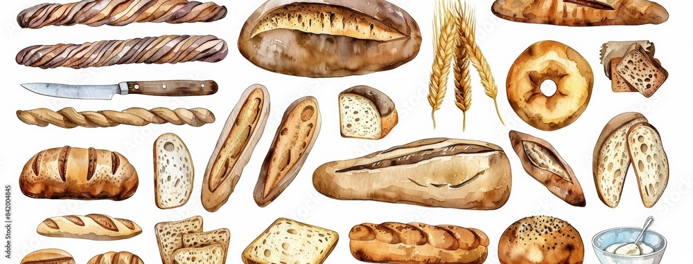 Set of watercolor fresh bread on white background. Bakery products and pastry illustrations. Set of watercolor fresh bread on white background. Bakery products and pastry illustrations.