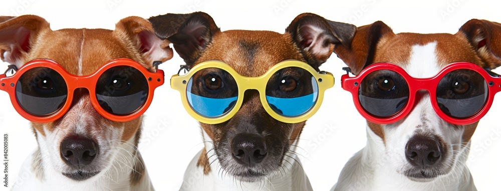 Set of dogs wearing glasses isolated on white background Set of dogs wearing glasses isolated on white background
