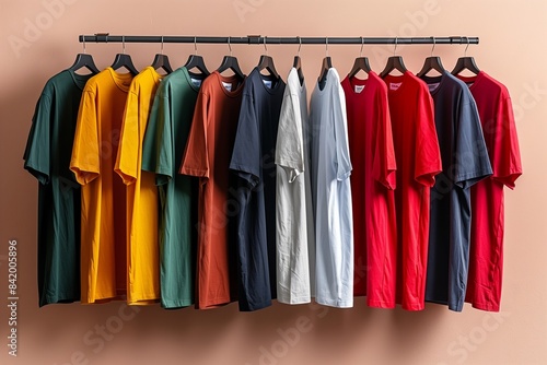 T shirt with many colors hanging on the rail
