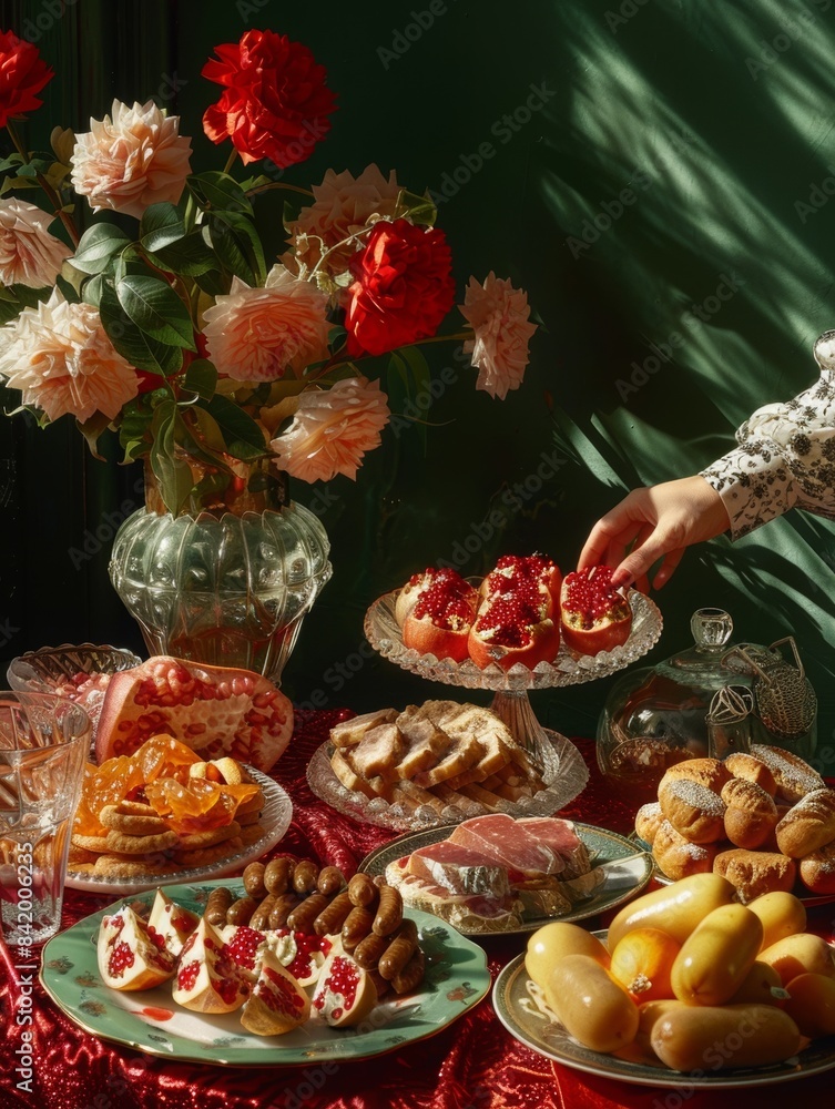 pomegranate, sausages, bred and beautiful roses on a table, sophisticated plates for a meal in style pomegranate, sausages, bred and beautiful roses on a table, sophisticated plates for a meal in style