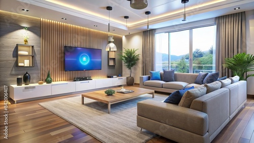 A modern living room with smart home technology, including a voice assistant, smart lighting, and a connected TV, smart home, living room, technology, voice assistant, smart lighting