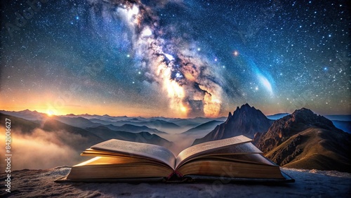 An ancient, leather-bound book lies open on a mountaintop, its pages glowing with celestial energy, revealing the swirling majesty of the Milky Way above, open book, magic book