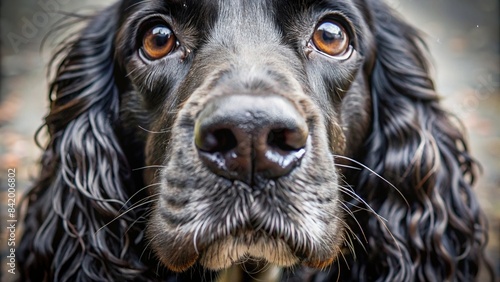 A close-up shot of a Cocker Spaniel's wet, black nose with prominent nostrils, capturing the dog's keen sense of smell, cocker spaniel, nose, close-up, wet, black, nostrils, dog, canine, breed