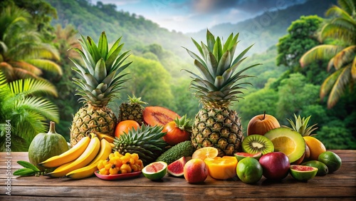 A vibrant assortment of fresh tropical fruits, including mangoes, pineapples, papayas, and bananas, are arranged on a wooden table with a lush
