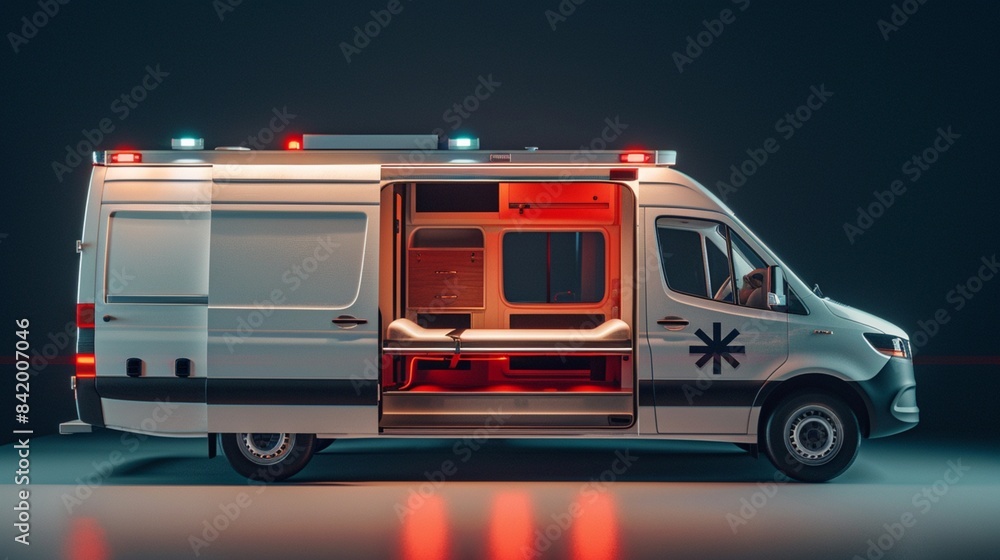 A medical ambulance with an empty bed inside. Suitable for healthcare and emergency services concepts