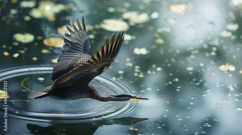 A darter bird with a sleek neck, diving into a pond, its body creating a smooth line that cuts through the water's illusionary stillness. photo