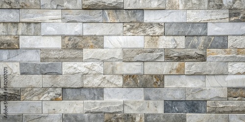 A panoramic view of a wall covered in a blend of white, gray, and grey stone tiles, showcasing a textured and rugged concrete backdrop, white stone, gray stone, grey stone