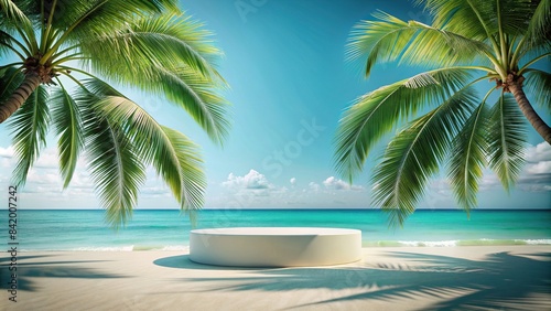 A minimalist podium scene set on a pristine tropical beach with swaying palm trees and turquoise water in the background  perfect for showcasing products with a summery  vacation vibe