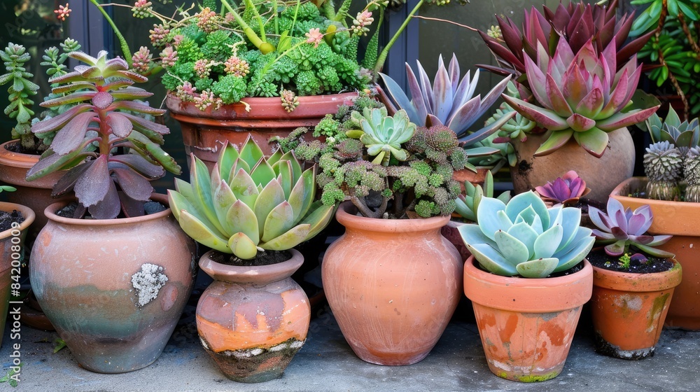 Attractive arrangement of potted succulents in the garden Attractive arrangement of potted succulents in the garden