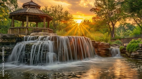 A mesmerizing sunset view of a waterfall with a gazebo in a serene park setting, showcasing beautiful natural scenery.