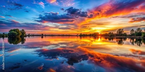 A calm, still lake surface reflects the vibrant colors of the sunset, creating a mirror-like effect, water, surface, lake, sunset, reflection, mirror, calm, still, peaceful, vibrant, colors