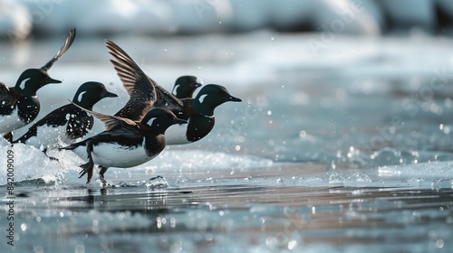 A group of goldeneyes diving in a frozen lake, their bodies breaking the thin layer of ice, creating a stark contrast between water and ice. photo
