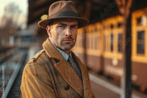 Man in vintage attire by a rustic train station