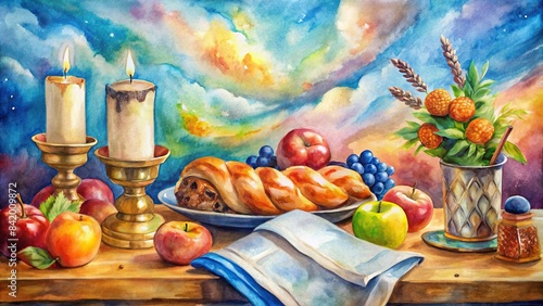 A vibrant watercolor of a Shavuot celebration, featuring a table laden with traditional foods like challah bread, cheesecake photo