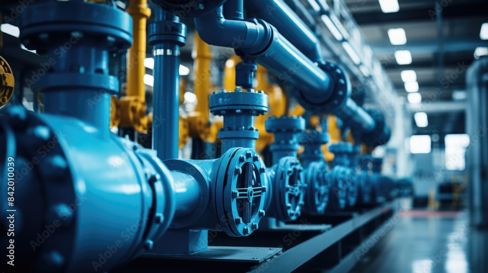 Industrial piping system with blue valves Industrial piping system with blue valves