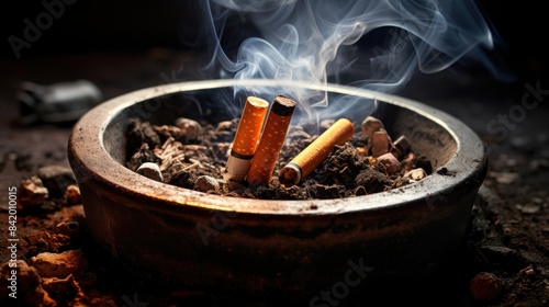 A cigarette is burning in a bowl on the ground