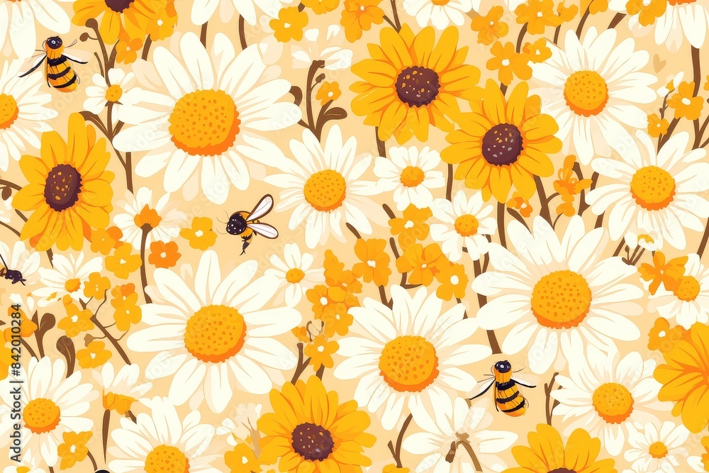 Sunny Garden Whimsy: Seamless Pattern of Daisies and Bumblebees Sunny Garden Whimsy: Seamless Pattern of Daisies and Bumblebees