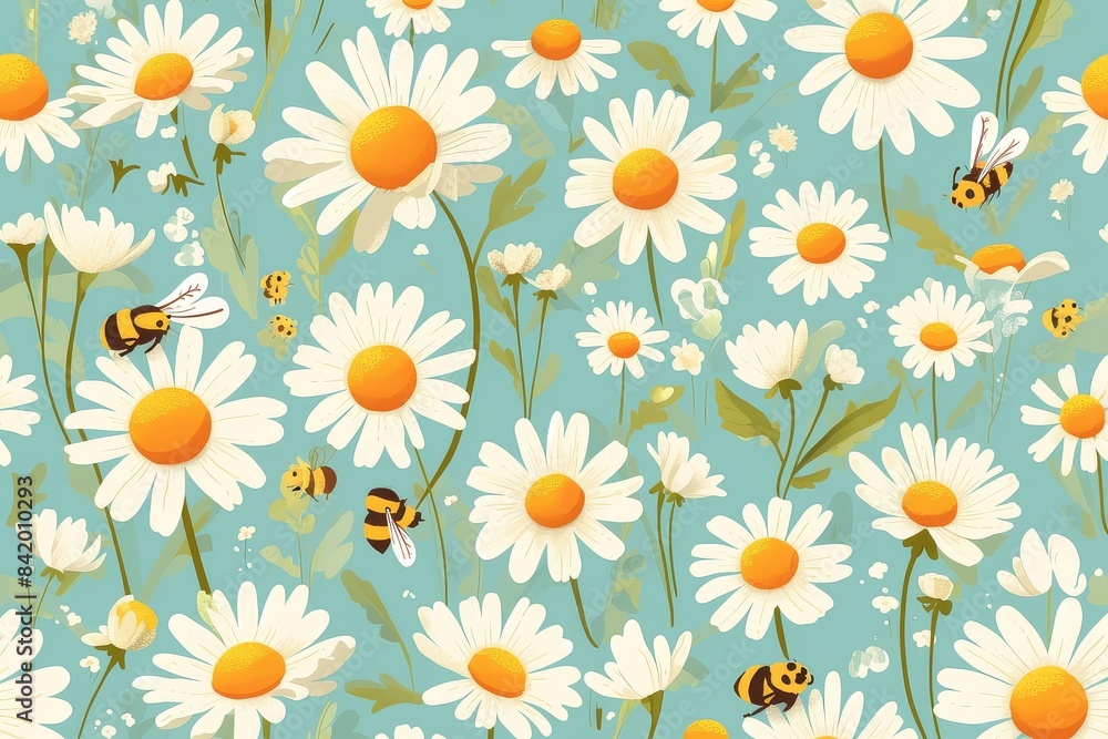 Sunny Garden Whimsy: Seamless Pattern of Daisies and Bumblebees Sunny Garden Whimsy: Seamless Pattern of Daisies and Bumblebees