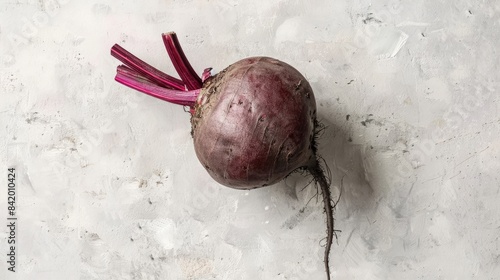 A solo uncooked circular beet sits on a blank white surface photo