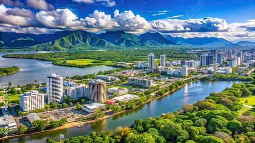 A vibrant, sprawling cityscape unfolds beneath a clear blue sky, with the iconic Trinity Inlet cutting through the heart of Cairns, surrounded by lush greenery and towering skyscrapers photo