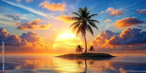 A vibrant  of a sunrise over a tropical island, featuring a round, sun-kissed sky with fluffy clouds, a palm tree silhouette, and a sliver of beach, all isolated against a white background photo